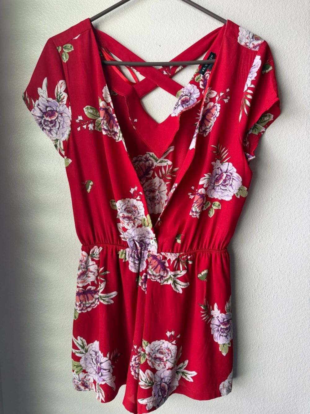 As U Wish Red Floral V-Neck Romper with Cross Straps